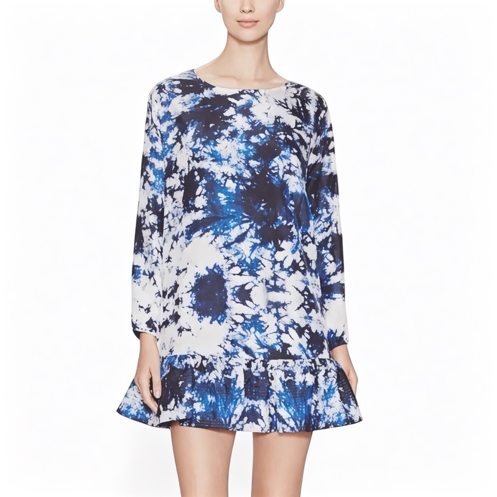 Cynthia Rowley Blue and White Tie-Dye Long Sleeve Dress